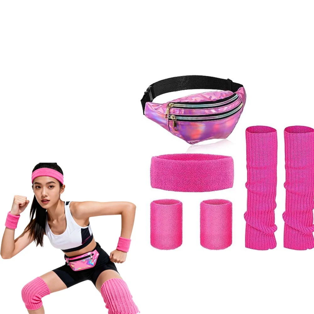 

80s Women Workout Outfit Neon Leg Warmer Headband Wristbands Fanny Pack Set Great for Role-play and Cosplay