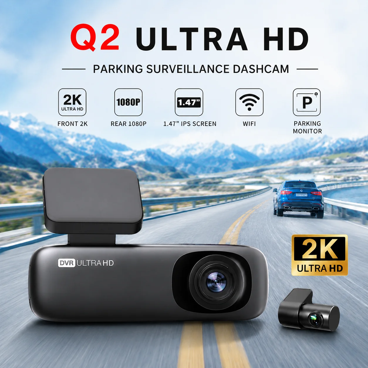 1.47inch IPS Dual Lens Dash Cam Video Recorder WDR with Night Vision WiFi Loop Recording Front 2K 1080P Rear Car Accessories