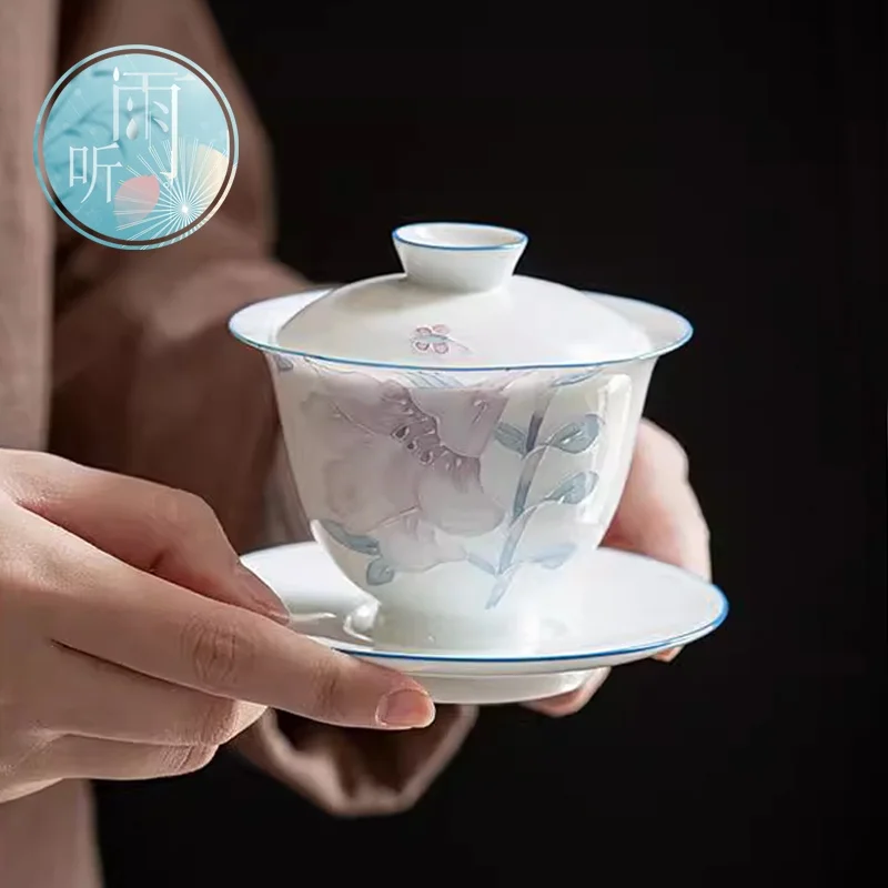 Hand-Painted Ceramic Tea Cup White Porcelain Underglaze Color Three-Axis Cover Bowl Tea Drinking Utensils Single Larkspur
