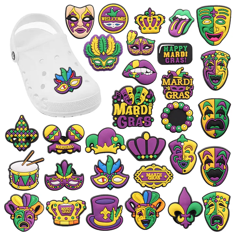 New Arrival 1pcs Shoe Charms Mardi Gras Colored Mask Hat Drum Accessories PVC Shoes Decorations For Wristbands Kids Gift