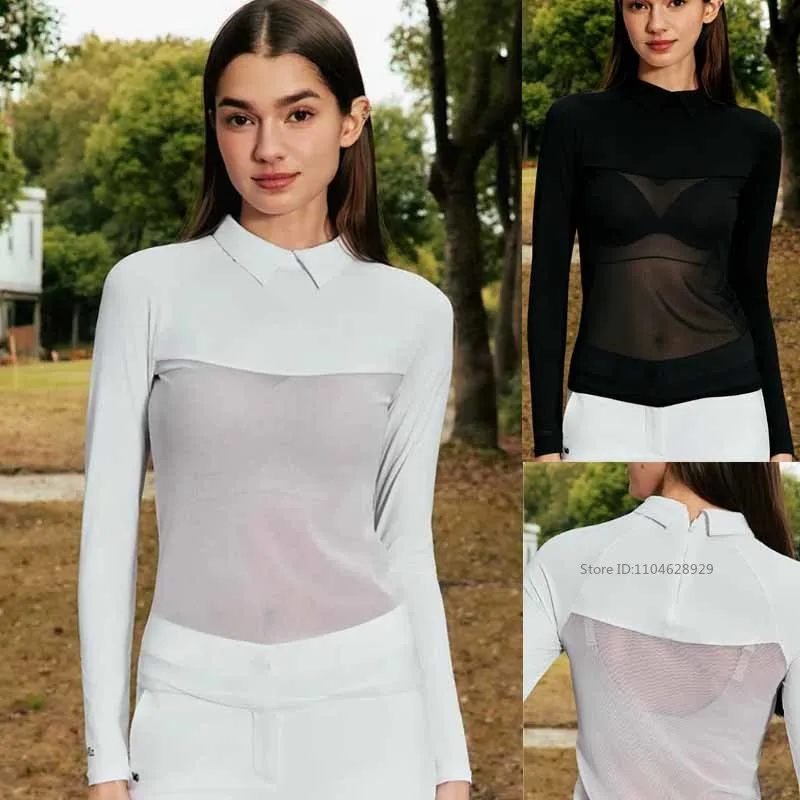 MG Women Golf Polo Collar T-shirt Ice Silk Sunscreen Base Shirts Ladies Long Sleeve Mesh Cooling Underwear Summer Sports Top