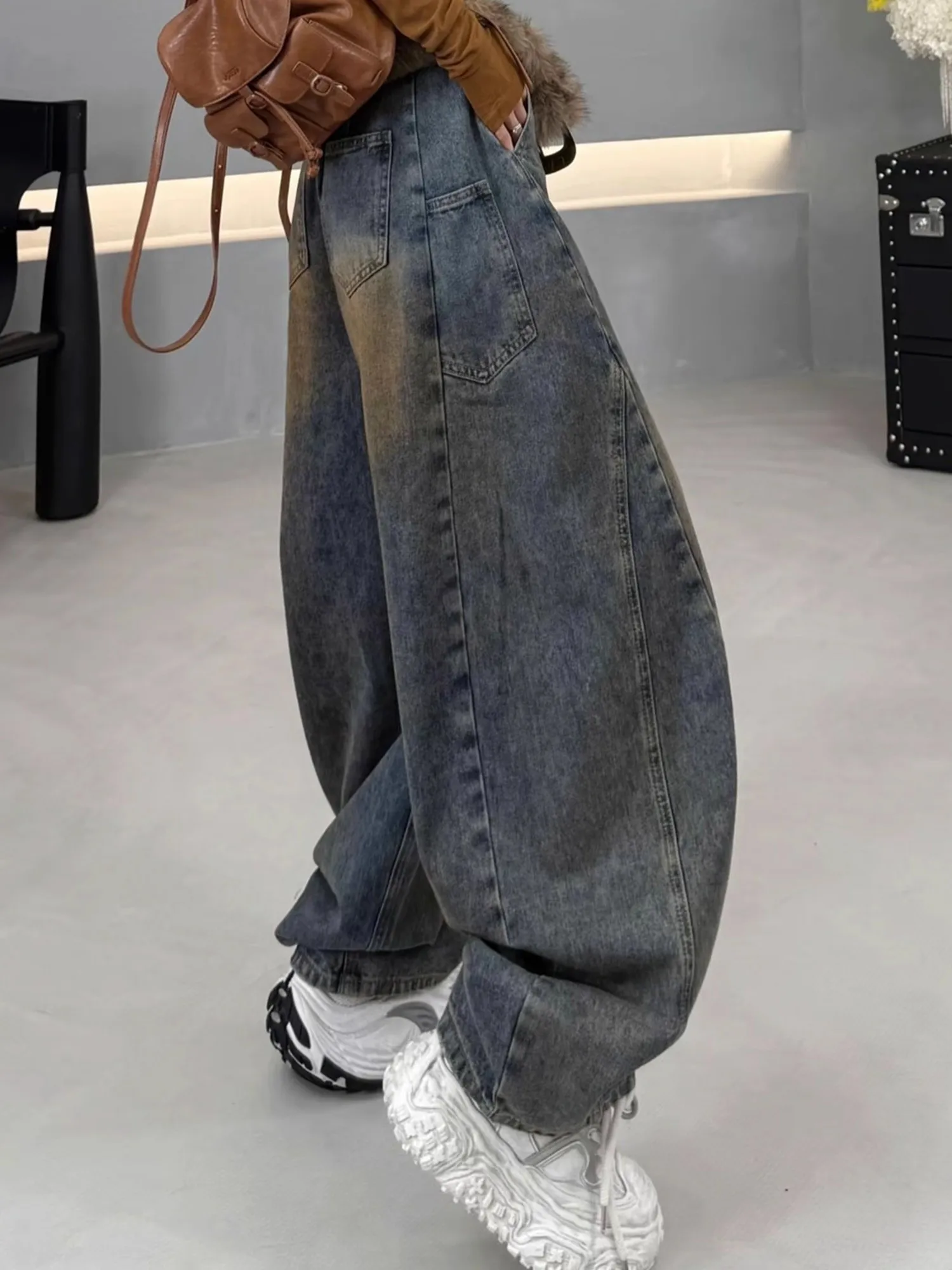 

High Waist Thickened Fleece American Style Knife Jeans Women's Trendy Autumn Winter Loose Leg Casual Warm Pants
