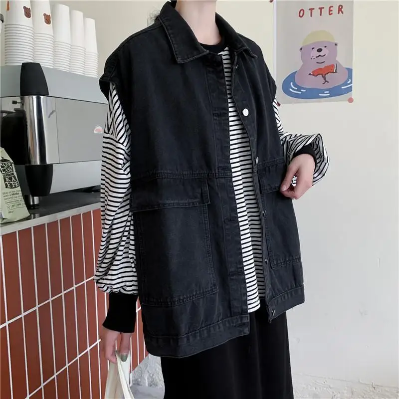 

Waistcoats Women Turn-down Collar Solid Harajuku Pockets Loose Korean Version Stylish Daily Lazy All-match Feminino Vest Leisure