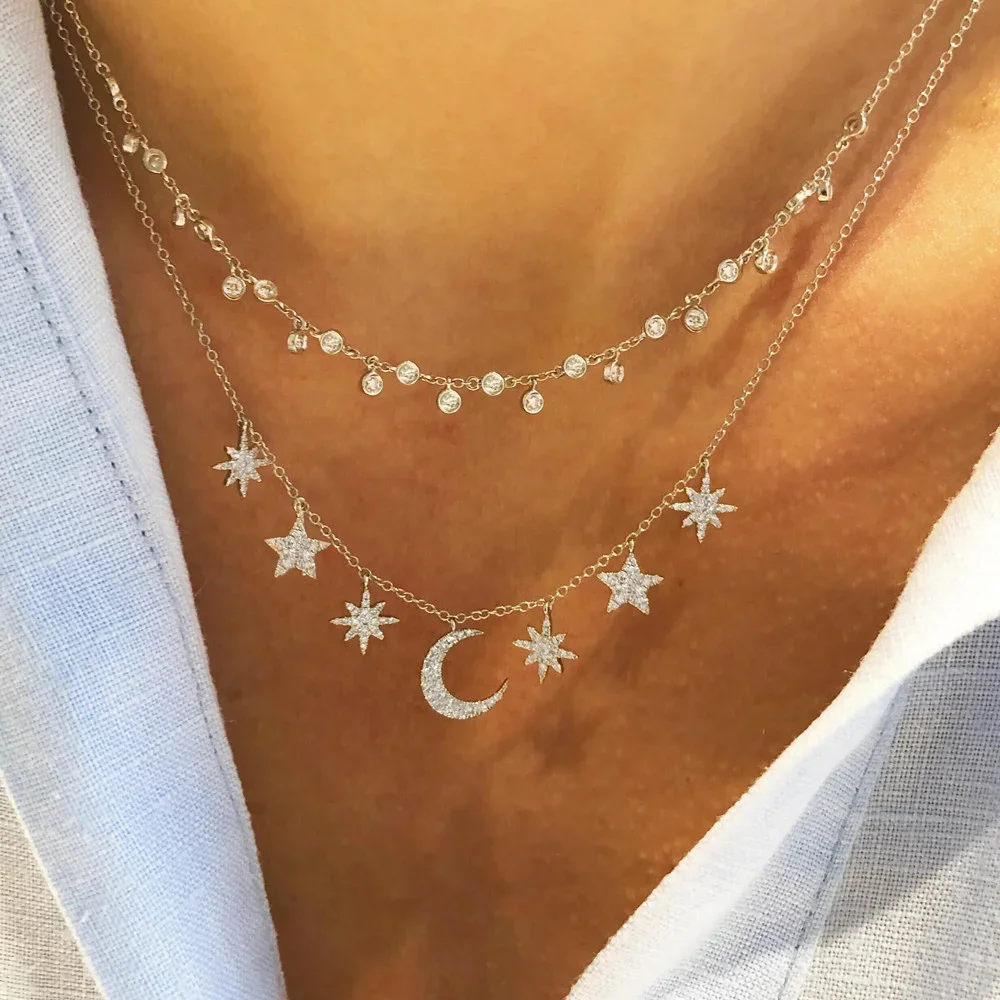 Vintage Gold-plate Chain Crystal Star Moon Sun Tassel Pendant Necklace For Women Female Boho Multilevel Fashion Chokers Jewelry