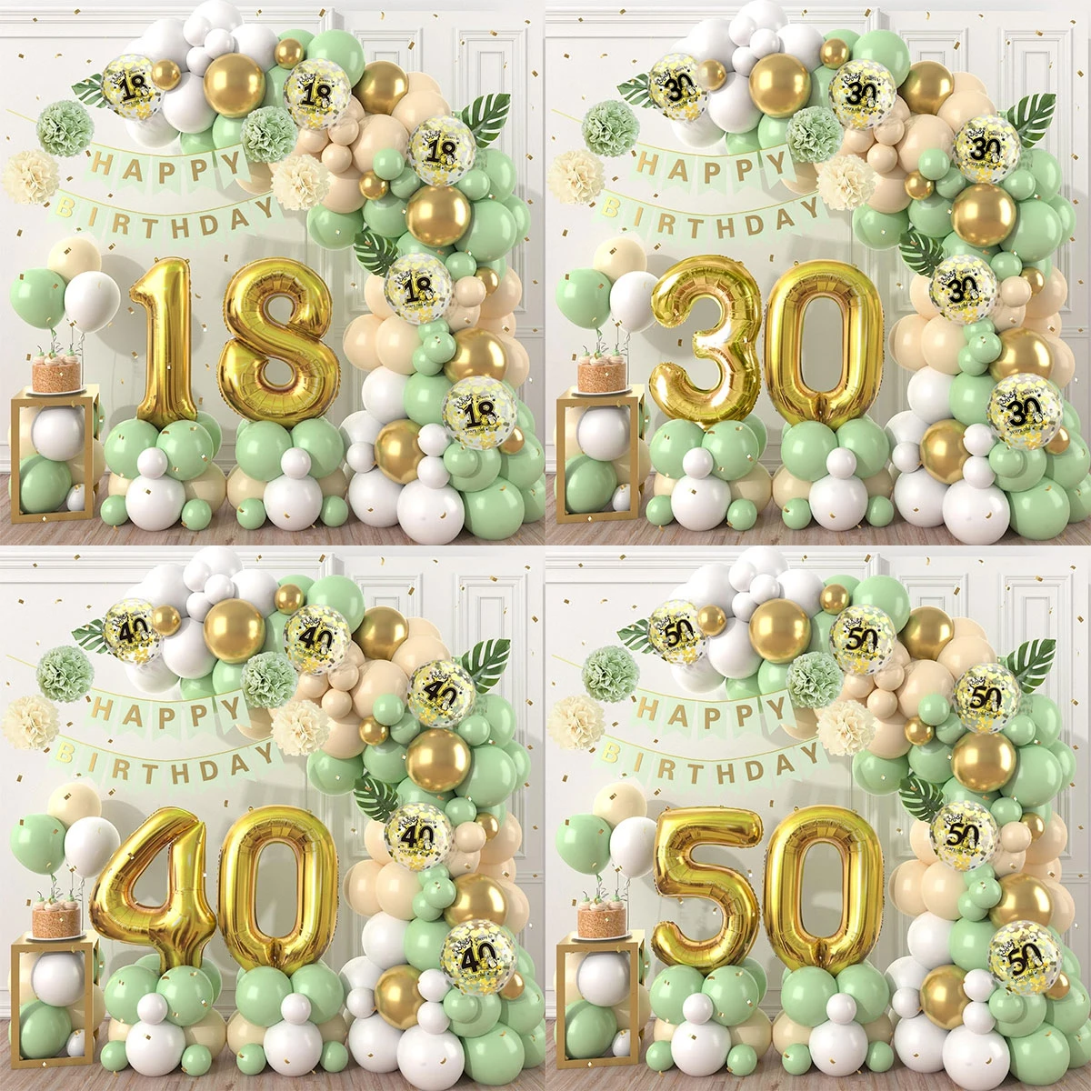 90pcs Sage Green Birthday Party Decor Olive Green and Gold Balloon Green Neutral Decor 18 30 40 50th Happy Birthday Banner Set