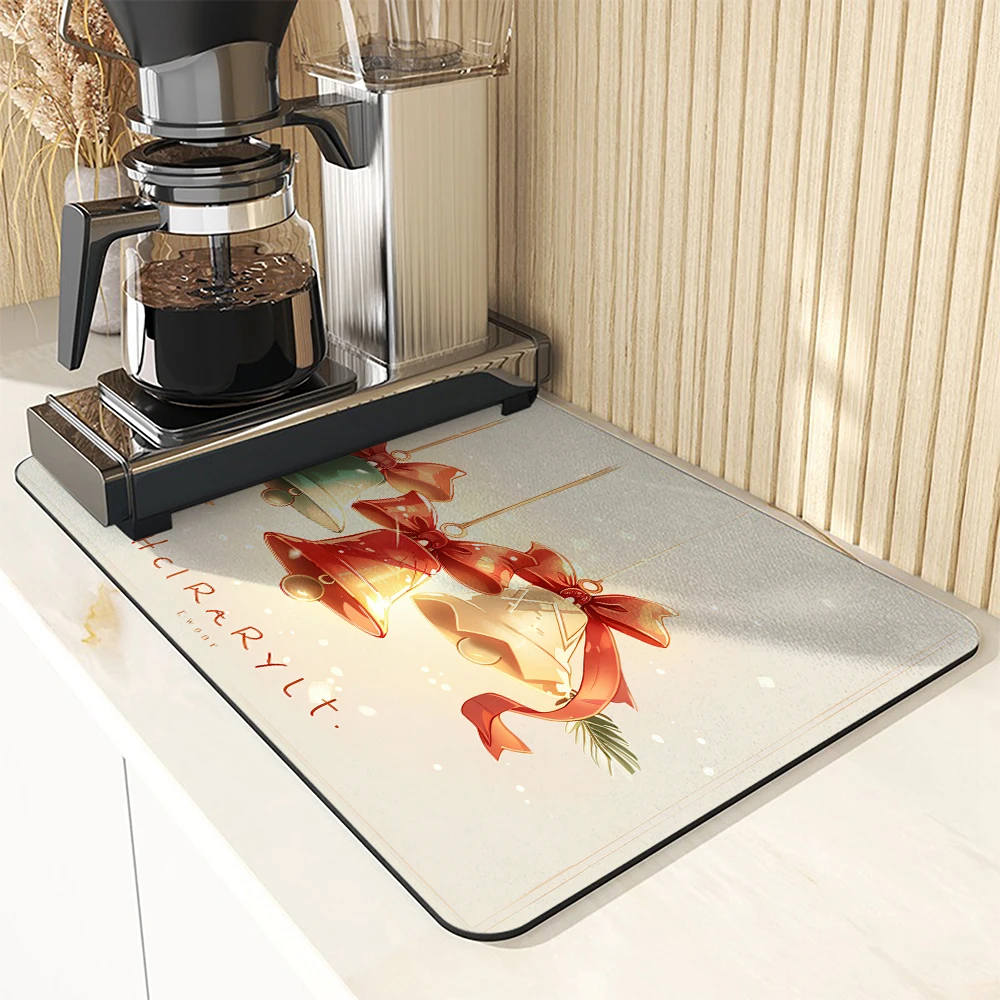 1pc Drying Mat Christmas Santa Claus Bell Bow Non-Slip Absorbent Mat Tableware Kitchen Counter Drain Mats Placemats for Table