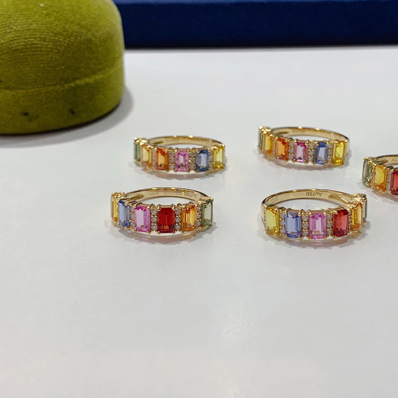 Aazuo 18K Solid Yellow Gold Natural Sapphires Real Diamonds OL Square Rainbow Lines Rings For Girls & Women Senior Banquet Party view 4