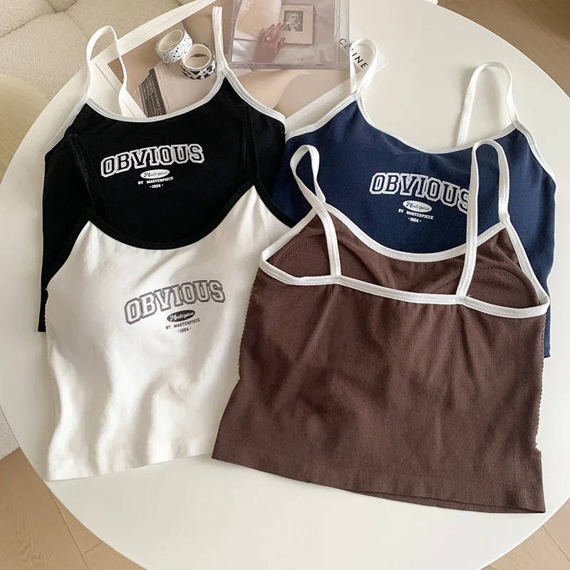 Padded Bra Crop Tops O-neck Solid Color Crop Tops Summer Letter Printing Spaghetti Camisole Women Tops Tank Top Edgy Clothes Y2k