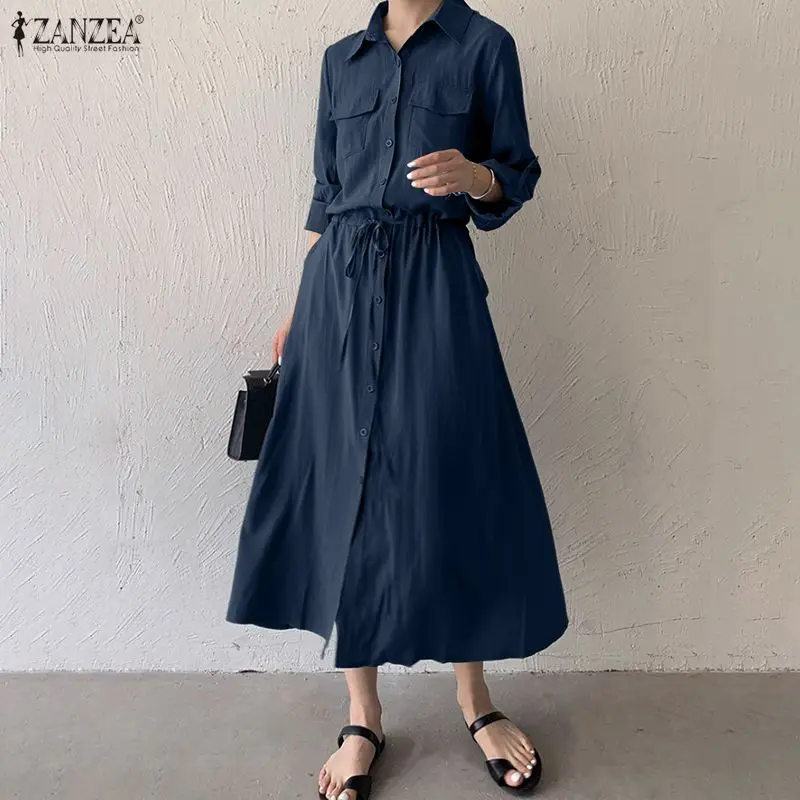 ZANZEA Frauen Langes Hemd Kleid 2026 Mode Elegante Party Vestidos Revers Langarm Kordelzug Casual Solide Street Robe 3XL