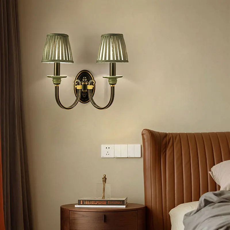 All Copper Wall Light American Style Bedroom Bedside Lamp Living Room Study Background Wall Lamp Rural Ceramic Fabric Wall Lamp