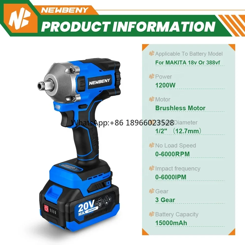 1000N.m Torque Brushless Electric Wrench 1/2 inch Efficient Cordless Electric Impact Wrench Power Tool For Makita Battery