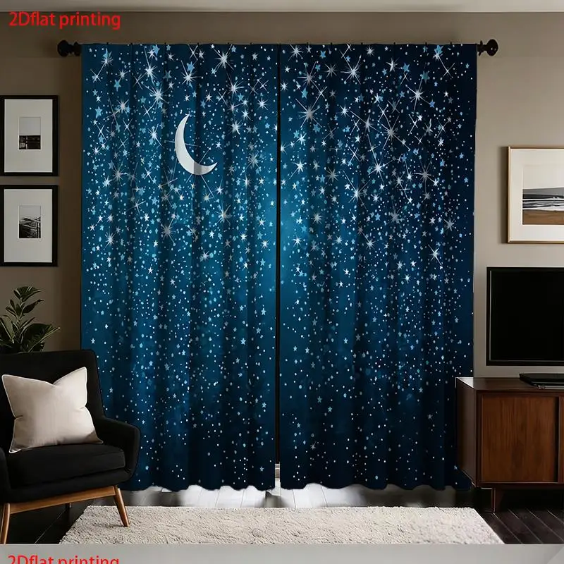 2pcs Blue Star Galaxy Curtains Celestial Moon Night Sky Pattern Window Drapes for Living Room Bedroom Aesthetic Decoration