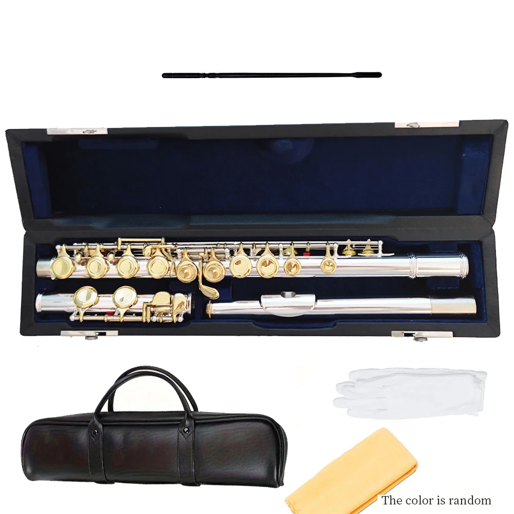 

Professional Flute C Tone White Copper Gold Plated 16 Keys Closed Cell with E Key Beginner Flute Musical Instrument with Leather