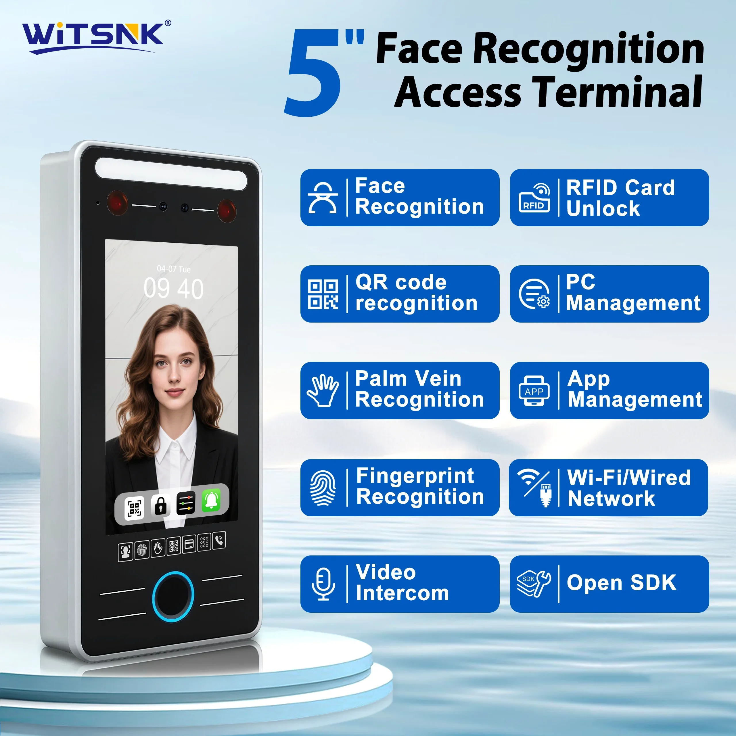 5 Inch Face Recognition Access Control Biometric Fingerprint Palm Vein QR Code RFID Time Attendance Machine WiFi RJ45 Wiegand