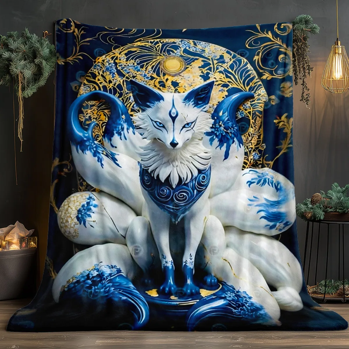 Blue and White Asian Decorative Throw Blanket Mythological Fox Art Home Decor Tapestry for Sofa Bedroom Couch Gift