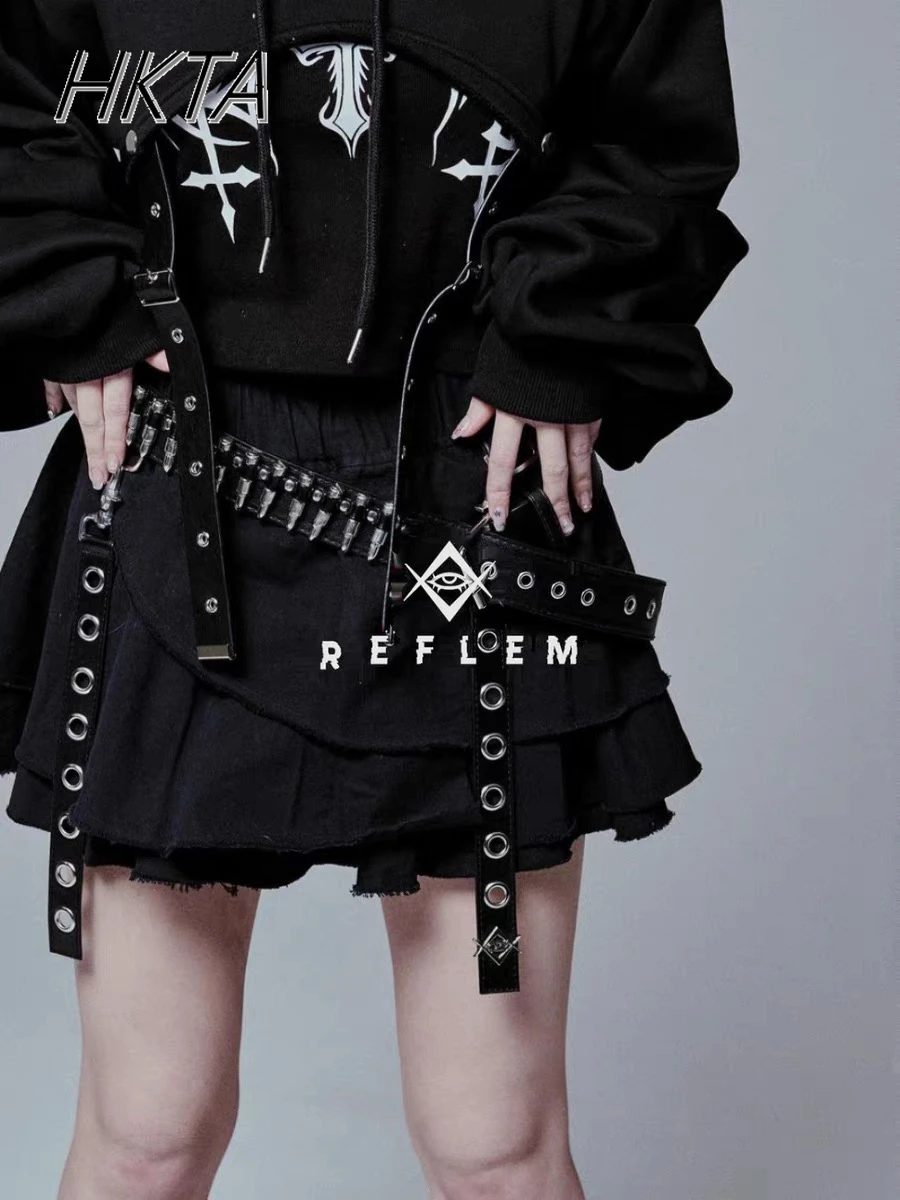 Japanese Striped Color Matching Belt Hot Girl Balck Skirts Women Subculture Goth Y2K Street Pleated Irregular Short Skirt Female
