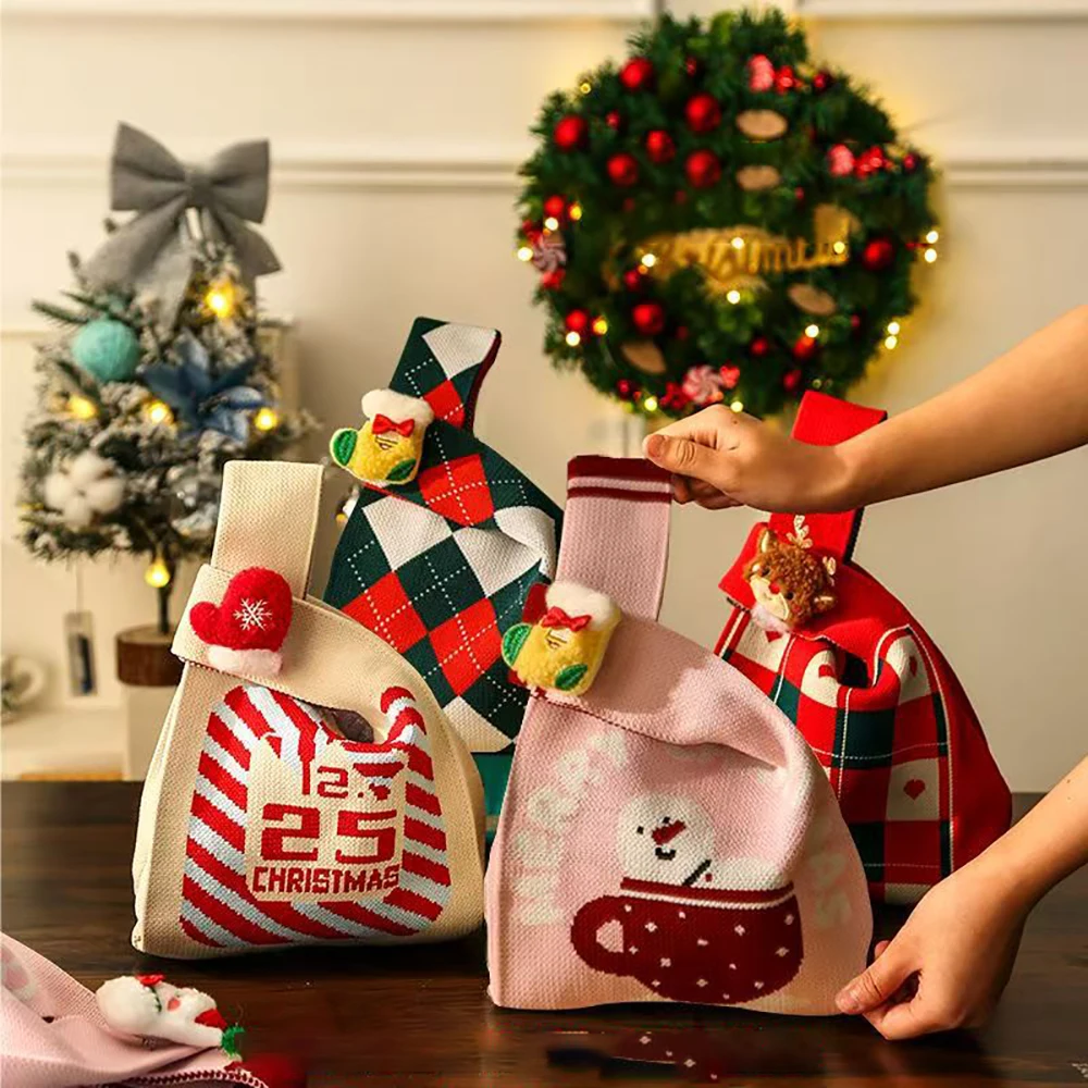 Christmas Tote Bag Decorative Knitted Handbag Holiday Handheld Bag Colorful Festival Gift Bag For Gifts Shopping Holiday Outings