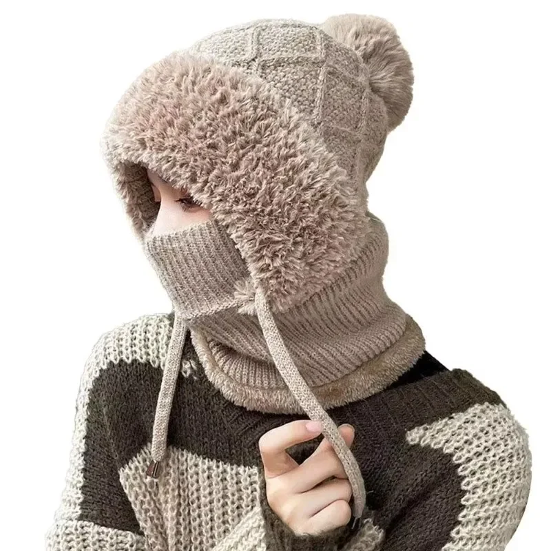 1 Pcs Plush Ear Protection Knitted Hat Scarf Face Mask Integrated Skiing Warm Hat Women's Winter Woolen One-piece Hat