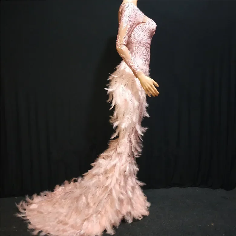 Pink Rhinestones Feathers Trailing Dress Women Birthday Party Models Catwalk Mermaid Dress Evening Performance Singer Long Dress