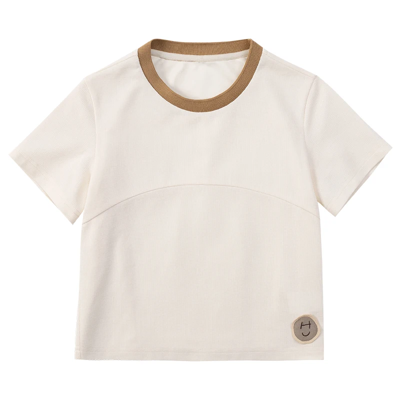 Ropa para niños y niñas, Camiseta de cuello redondo, Tops de manga corta para bebés, sección delgada de verano, color Beige