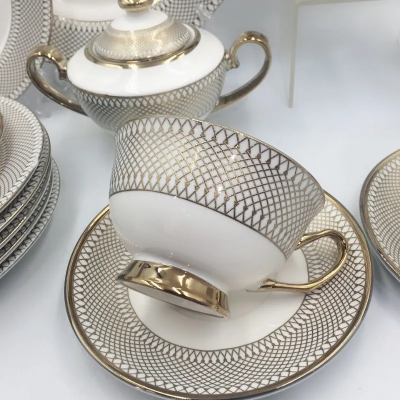 European Coffee Cup and Saucer Six Cups Six Dishes Gift Box Set Plated Embossed Gold