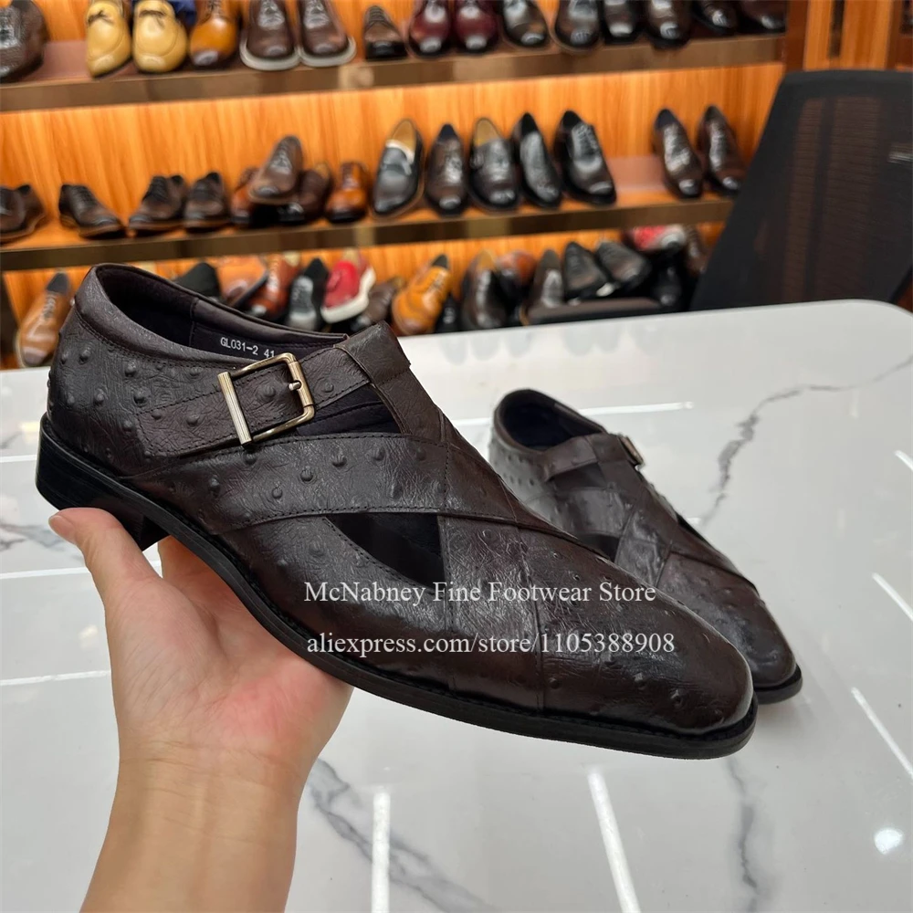 Monk Strap Shoe - Kahverengi Devekuşu Desenli Tokalı Deri Ayakkabı