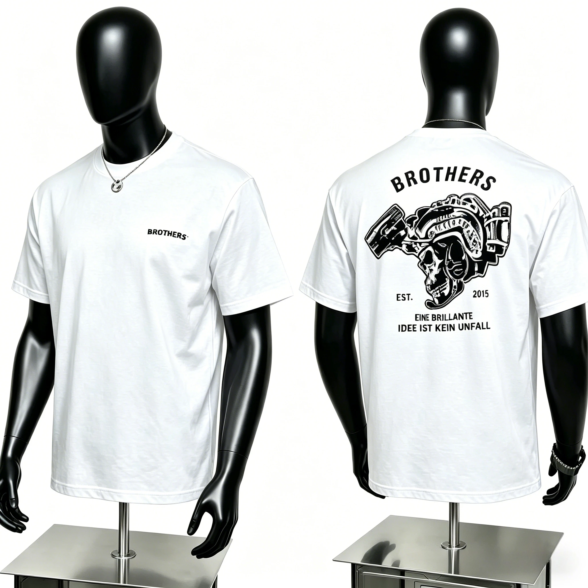 BROTHERS T Shirt Skull Print with German Slogan A Brilliant Idea Is No Accident, Unique Statement Tee for Street Style