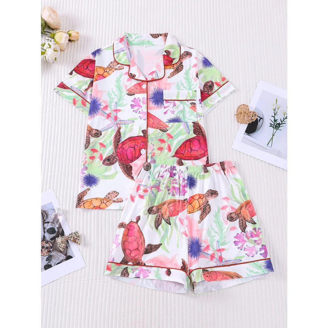 

Пижама с принтом черепахи в гавайском стиле, с короткими рукавами и шортами, комплект домашней одежды для женщин, подарки на День святого Валентина