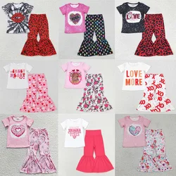 Kids Valentine's Day Clothes Short Sleeve Top With Bell Bottom Pants Set Heart Print Baby Girls Boutique Outfits