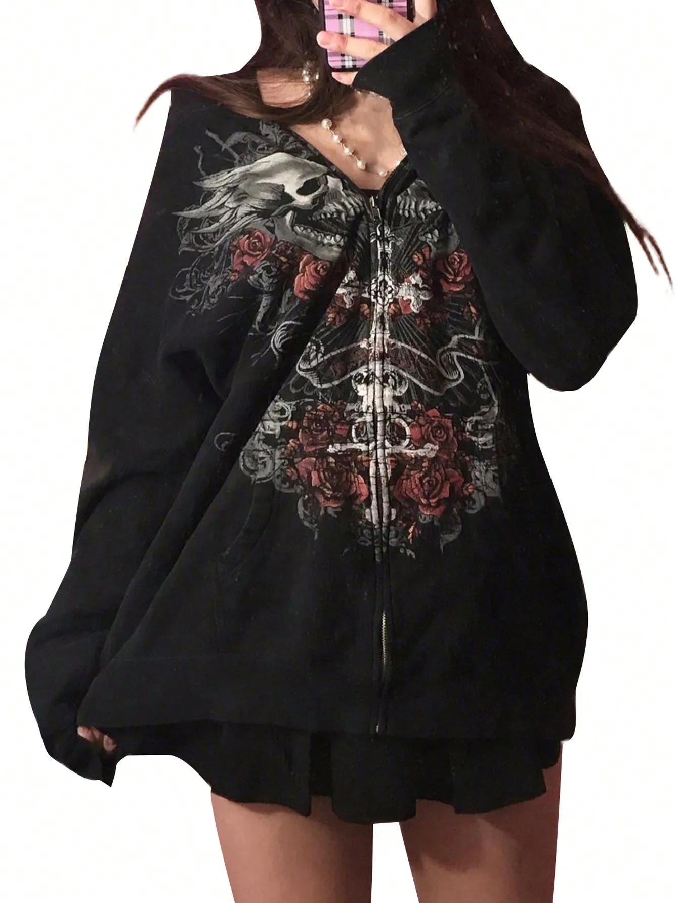 

Women's Gothic Skull & Rose Print Zip-Up Hoodie, Oversized Long Sleeve Sweatshirt
