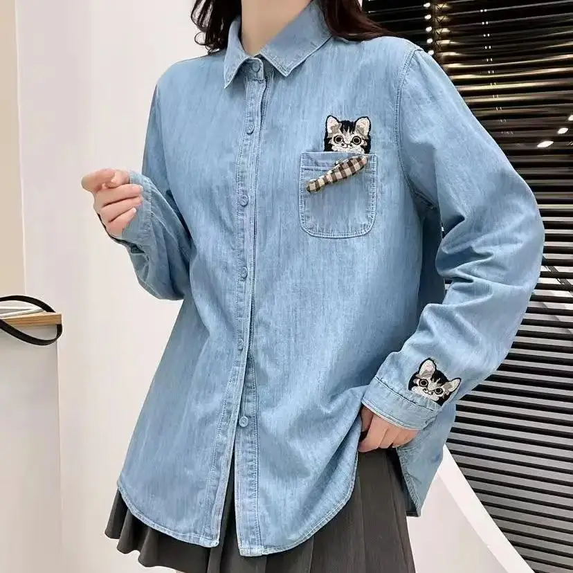 

Vintage Kawaii Cats Embroider Denim Shirts & Blouses Long Sleeve Jean Shirt Mori Girl Japanese 2024 Light Blue Jean y2k Tops