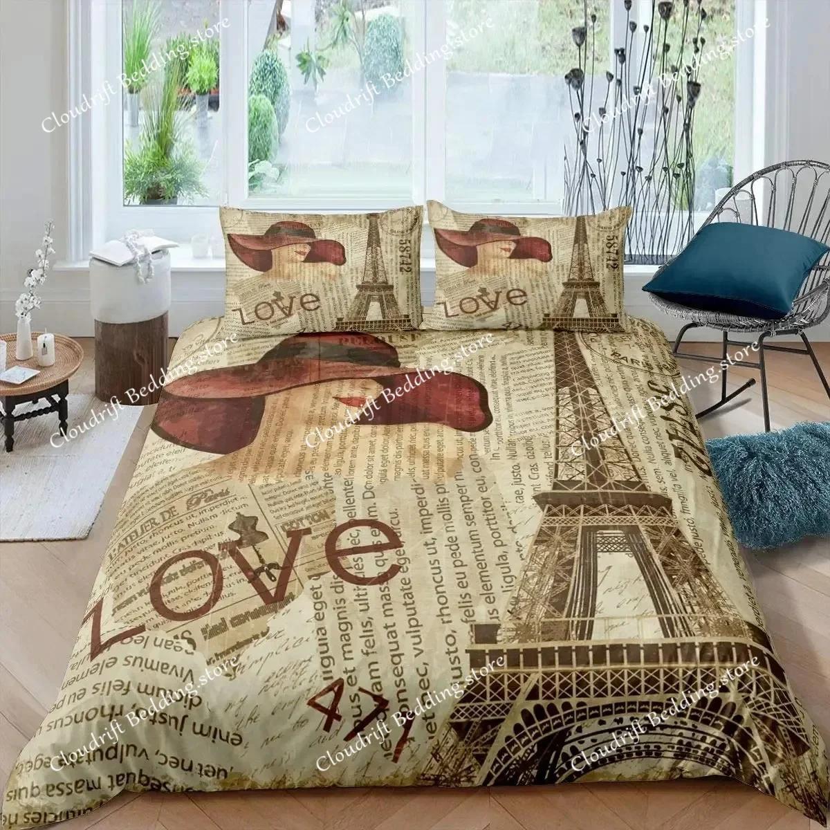 

Old Newspaper Duvet Cover Vintage French Bedding Set Brown Quilt Cover For Boys Girls Teen QueenKing Microfiber Comforter Cover