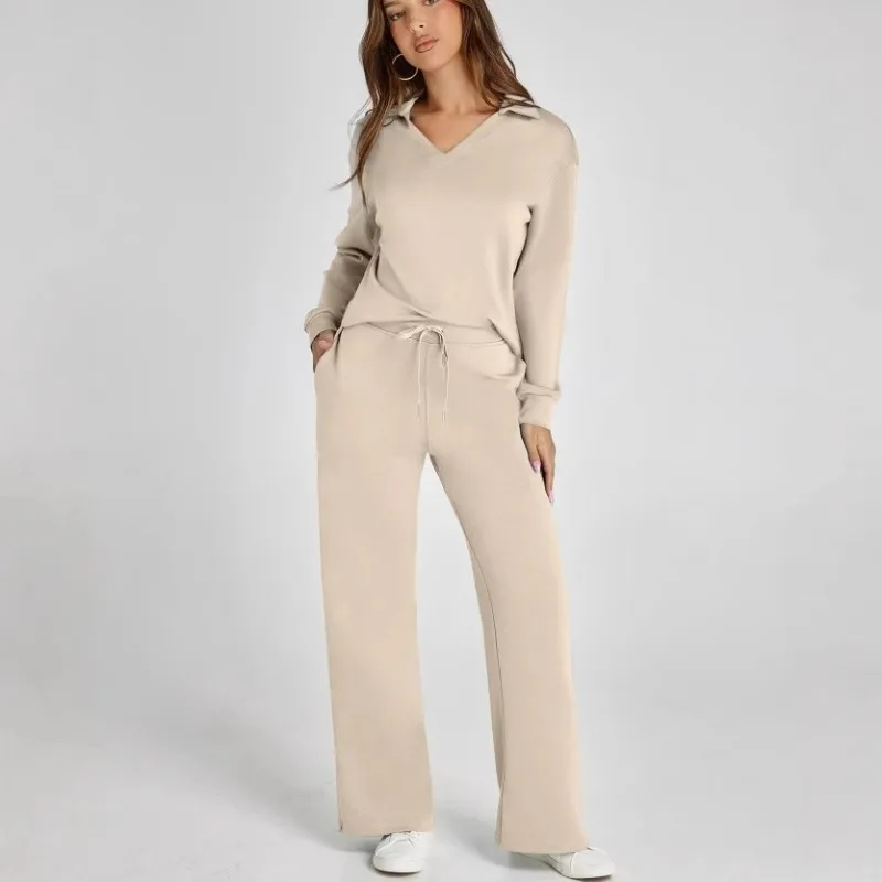 

Loose V Neck Long Sleeve Top with Drawstring Waist Flare Pants Casual Set
