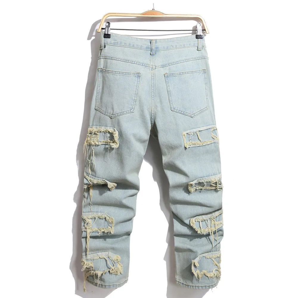 남성용 세련된 찢어진 패치 스플라이싱 오토바이 바이커 청바지 바지, 레트로 스타일, 좋은 품질, 남성 루즈 스트레이트 데님 바지