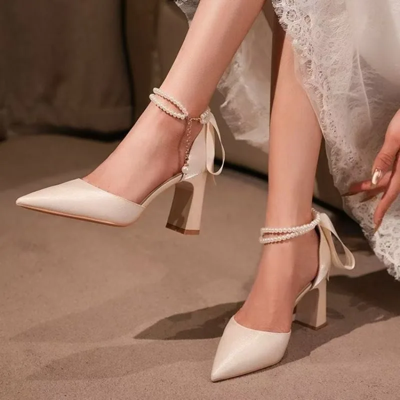 Pearl Thin Heel Single Shoes Women's New Style Spring Summer Autumn Pointed Toe Fresh High Heels Casual Leisure Style