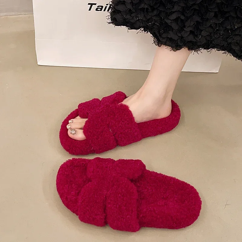 Luxury New Women Feminine High-heeled Fur Drag Outdoor All-match Shoes Slippers Round Head Wedges with Mink Fur Ms Slippers