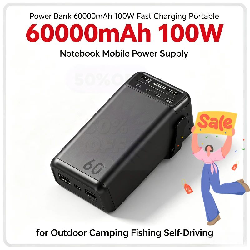Brand‑new Power Bank 60000mAh 100W Fast Charging Portable, Notebook Mobile Power Supply for Outdoor Camping Fishing Self‑Driving