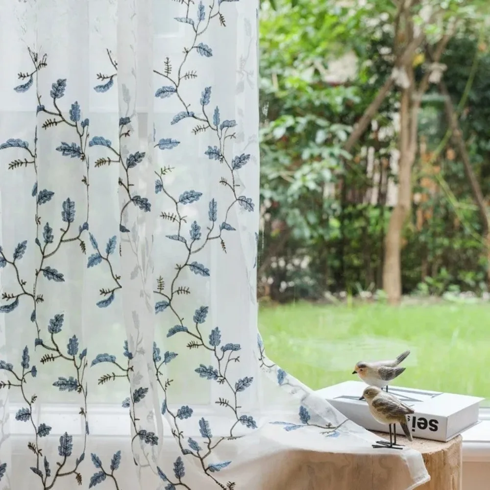 Blue Leaves Shiny Organza For Kitchen Panel Coffee Luxury American Pastoral Embroidered Tulle Voile Curtain for Living Room