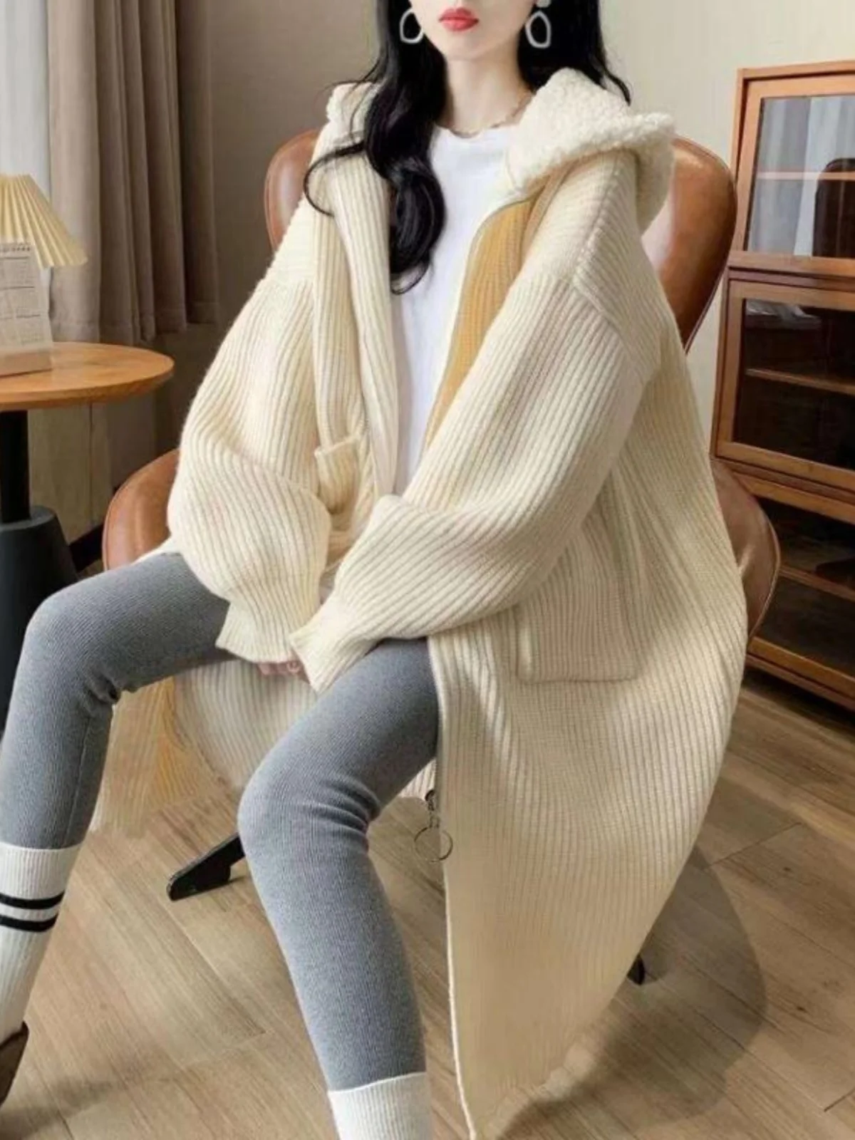 

Korean Sle Lazy Thiened Coat Autumn Winter New Lamb Fur Hooded Long Sweater Women Loose Top Open Cardigan Thiened Long ...