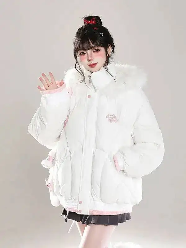 

Cute Thickened Hooded Patchwork Color Jacket Winter Warm Non-Puffy Bread Style Women's Long Sleeve Thick Cotton Coat
