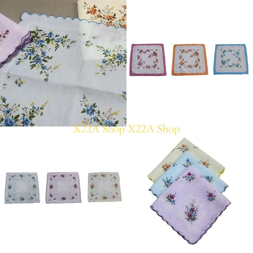 

Unique 3pieces Floral Print Cotton Pocket Square Ladies Handkerchief for Afternoon Tea