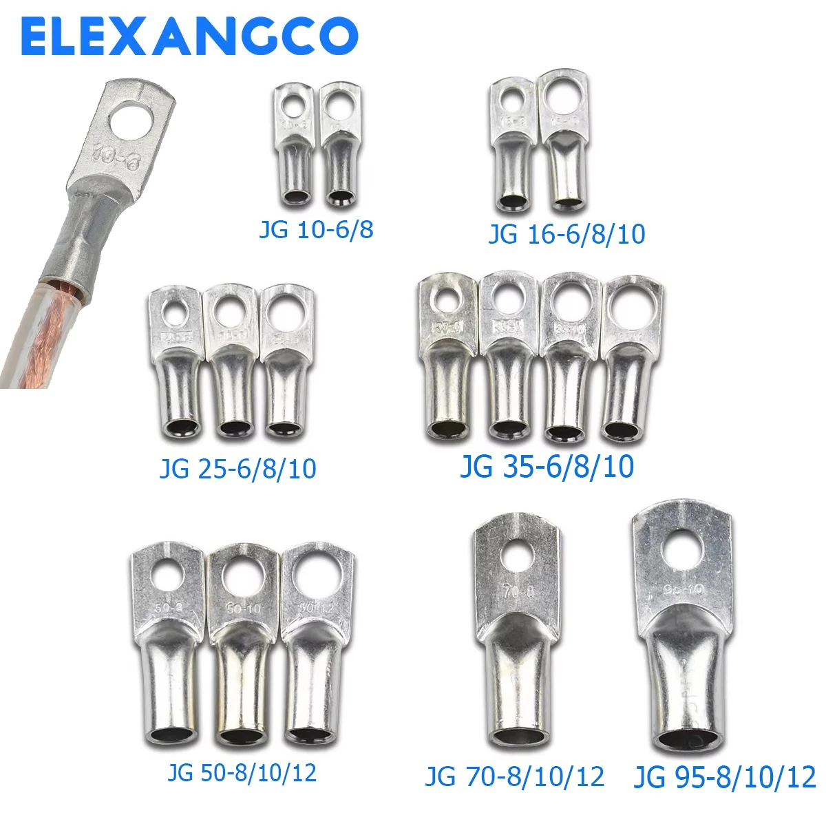 

3/5PCS JG10 JG16 JG25 JG35 JG50 JG70 Marine Heavy-duty Copper Terminal Lug｜10-70mm² Cable Wire Connector