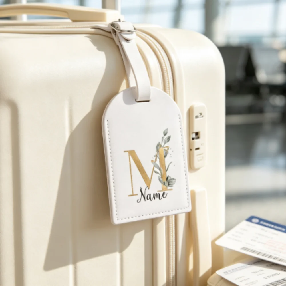 Personalized PU Leather Luggage Tag With Initial & Name, Suitcase Identifier Baggage Label, Wedding Travel Gift