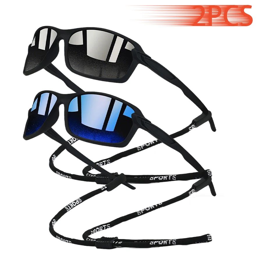 2 Stück mit Kette, modische Sonnenbrille für Männer und Frauen, zum Fahren, Angeln, Laufen, Fahrrad, MTB, Brillen, Outdoor-Sport, Schutzbrille