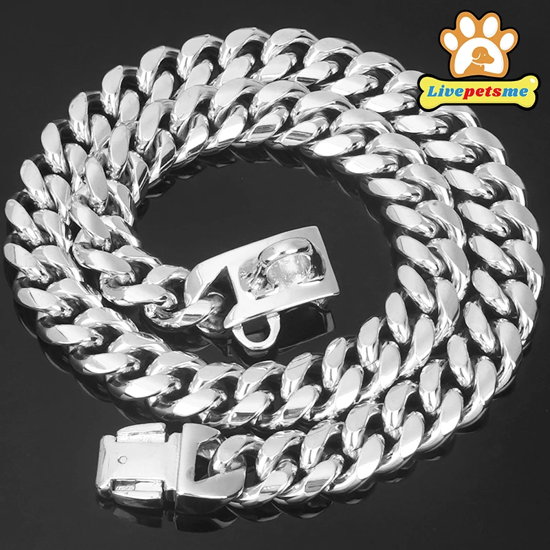 Silver Metal Dog Collar with Solid Buckle, Stainless Steel Pets Link Chain, Golden Necklace for Small Medium and Large Dogs Usag