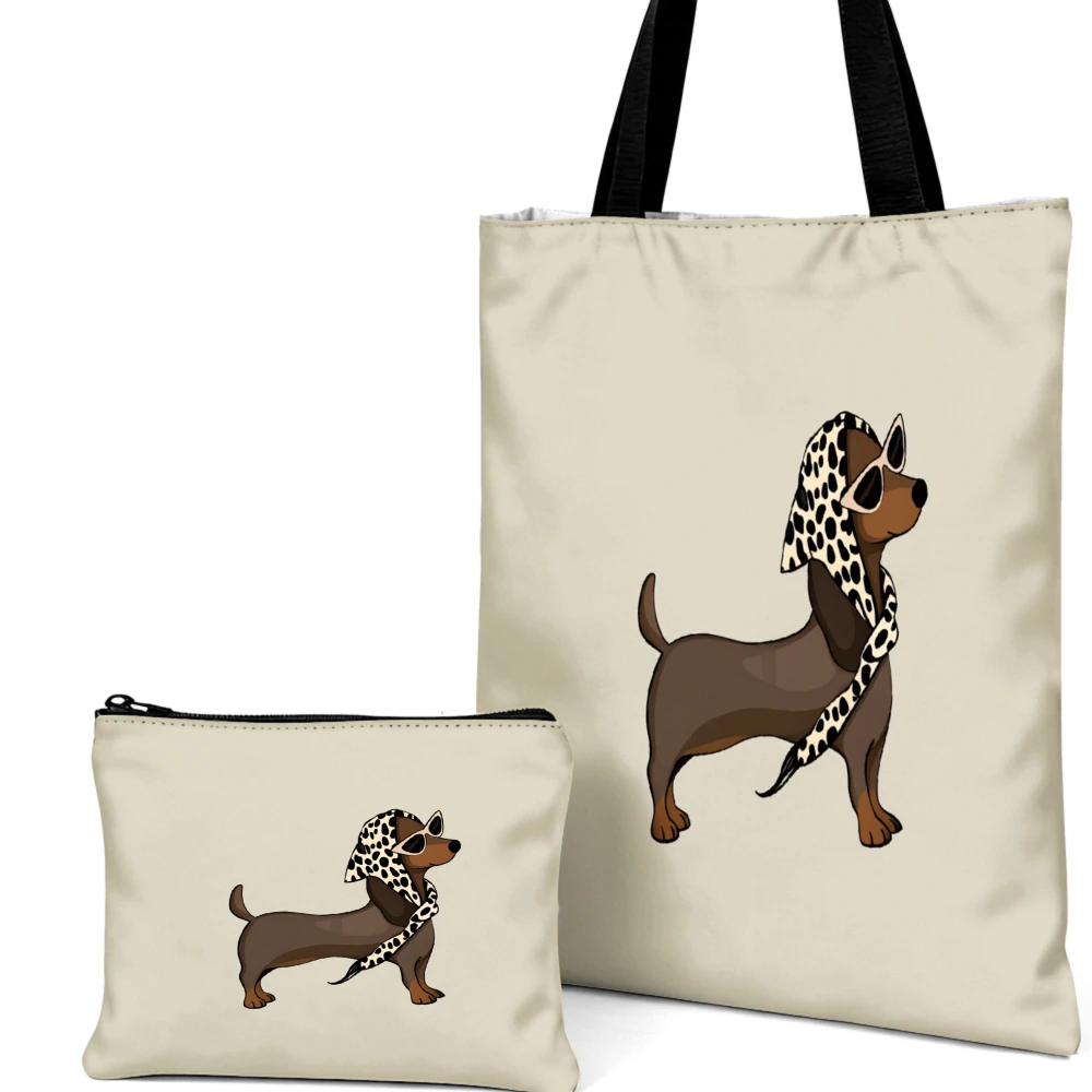 Chic Tote Bag Dachshund With Leopard Scarf And Sunglasses Shoulder Bags And Cosmetic Bag Combination Pet Lover Storage Pouch