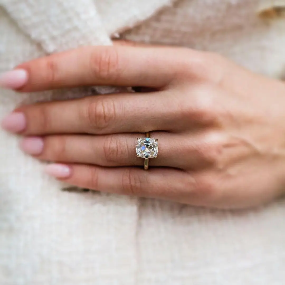 Old Mine Cushion Cut 6CT Moissanite Solitaire Ring, 11.25×10mm Center Stone, Solid 14K Yellow Gold Fine Jewelry, GRA Certified Wedding Anniversary Bridal Gift For Women view 3