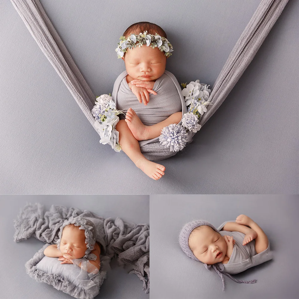 Newborn Swaddle Pro Wrap Photography Props Seersucker Soft High Stretchable Wrap Headflower Headwear Studio Shooting Accessories