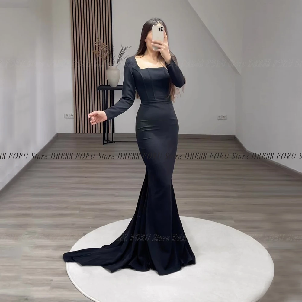 Black Mermaid Gaun Malam untuk Wanita Leher Persegi Lengan Panjang Menyapu Kereta Ritsleting Gaun Pesta Formal Sederhana Sipil Vestidos Fiesta