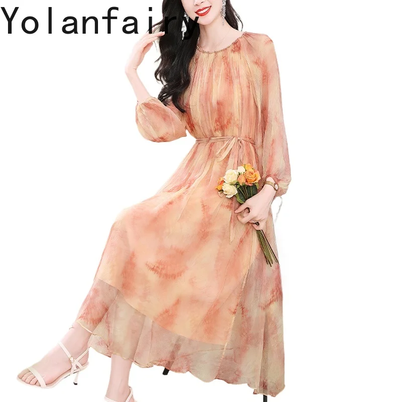 

YOLANFAIRY платье из 100% натурального шелка тутового шелка для женщин, осеннее элегантное платье высокого класса, женская одежда, длинные отпускные платья на шнуровке